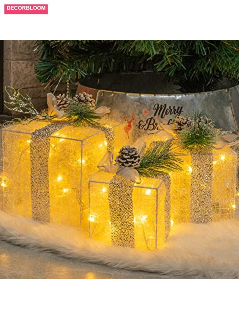Set of 3 Pre-Lit LED Christmas Gift Boxes Tinsel Outdoor Holiday Decor